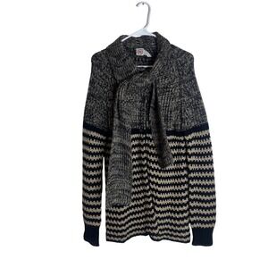 Berries Cardigan Sweater Women's Vintage Striped Tie Neck Knit Black Tan Size M